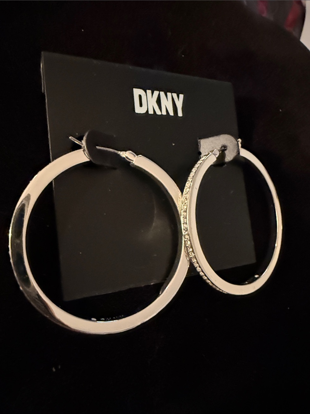 NWT 1.5” DKNY Silver Hoop Earrings with Crystal-Trim